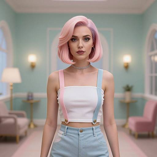 Digital CGI portrait of a pink-haired woman in a white crop top, blue suspenders, and high-waisted jeans, standing in a pastel