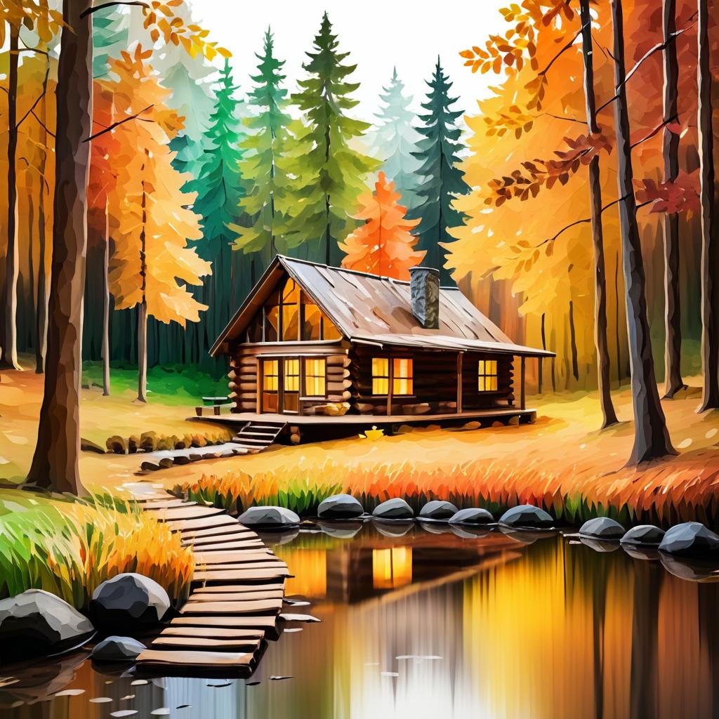 Autumn Forest Serenity with Rustic Cabin