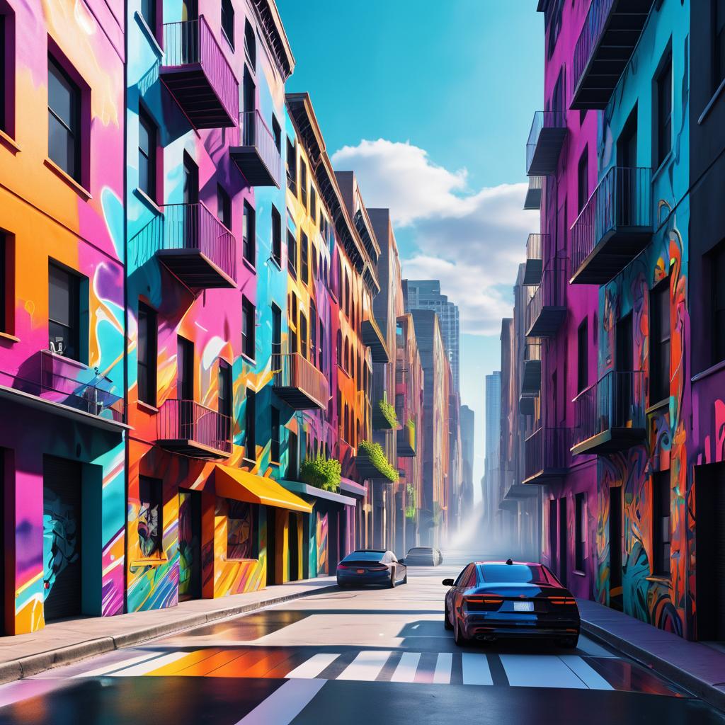 Vibrant Cityscape Mural with Graffiti Art