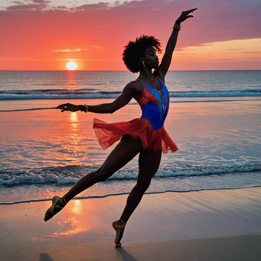 Energetic Dancer in Sunset Beach Outfit