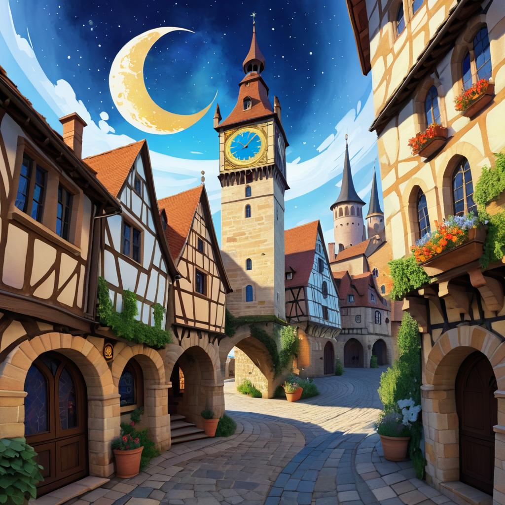 Medieval Clocktower with Crescent Moon