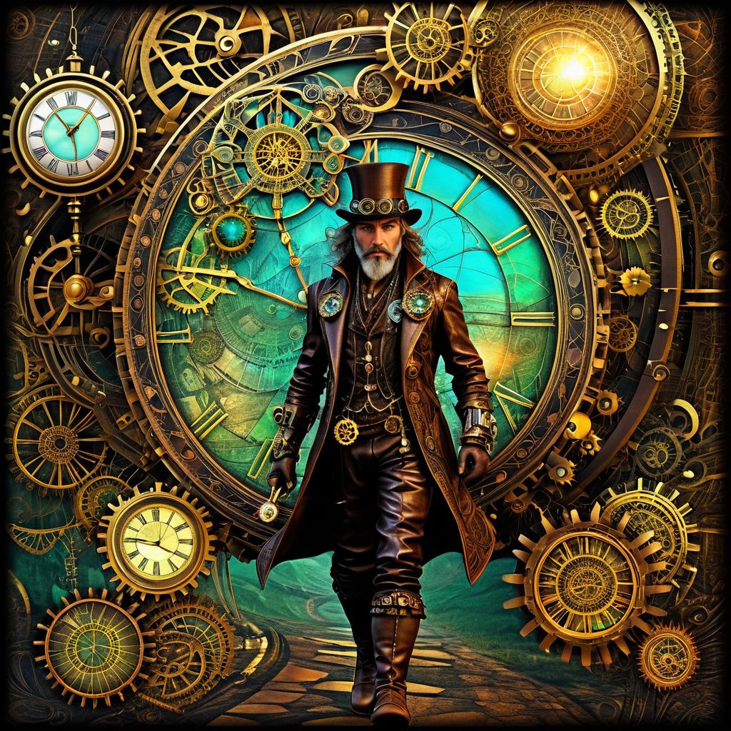 Whimsical Steampunk Rogue in Surreal Terrain