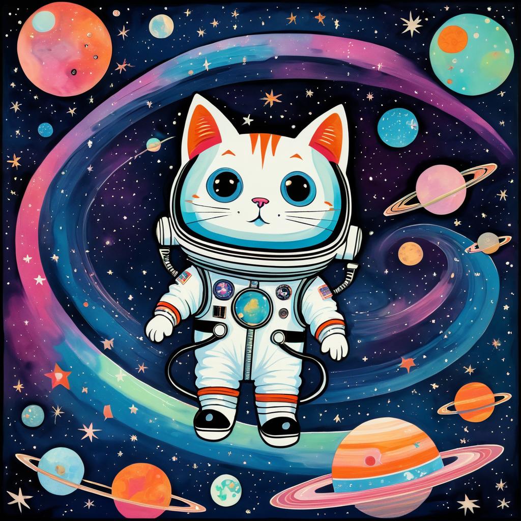 Whimsical Cat Astronaut in Space Art