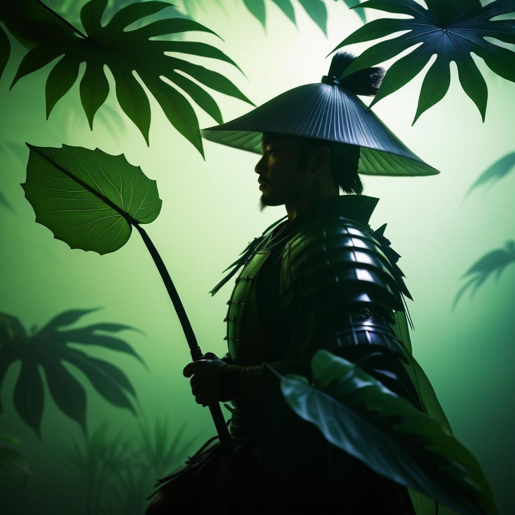 Epic Samurai Behind Translucent Leaf