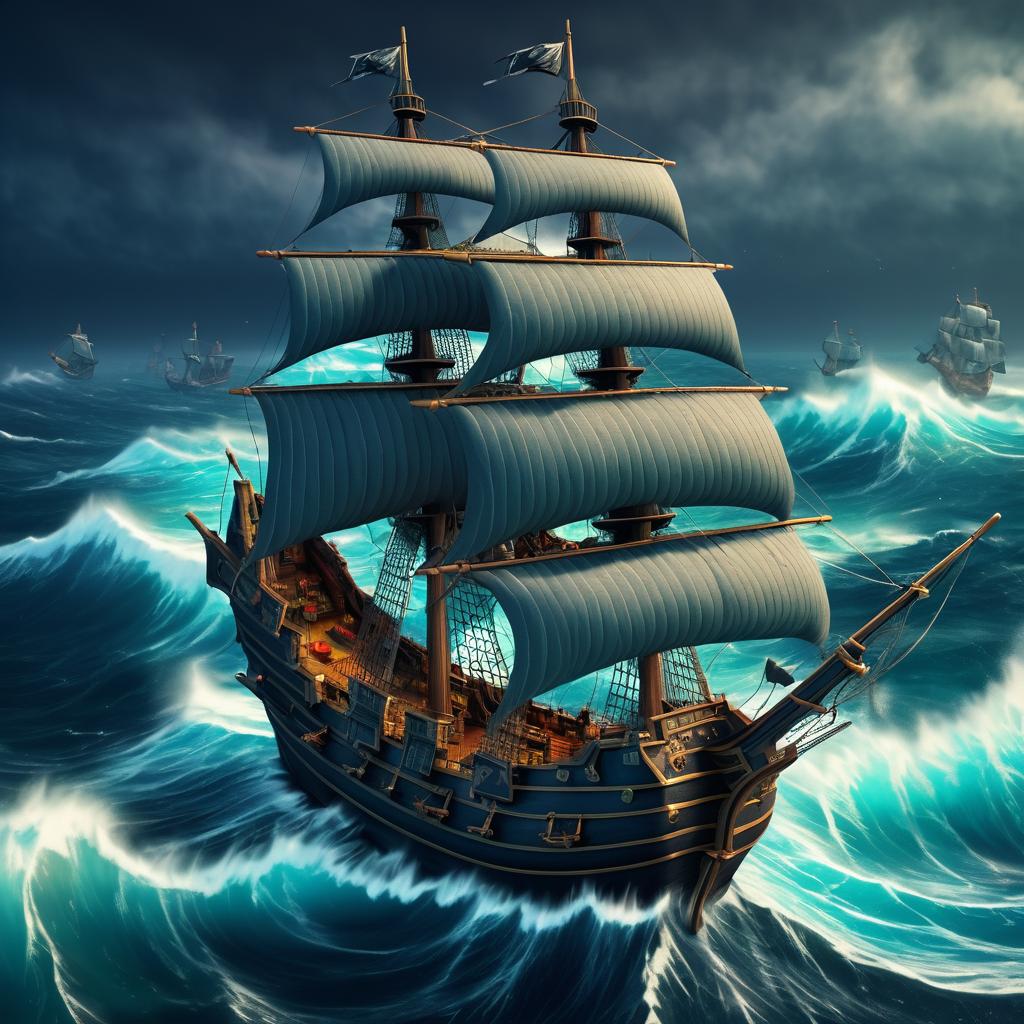 Isometric Pirate Ship in Stormy Seas