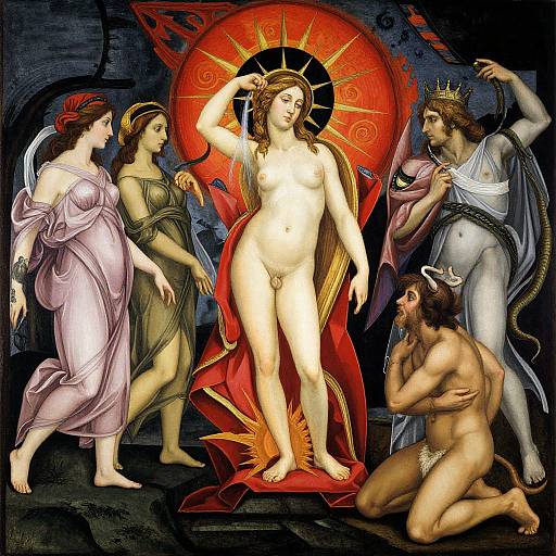 Renaissance-style painting of nude, radiant Virgin Mary with halo, surrounded by angels in draped robes, and a kneeling, horned demon.