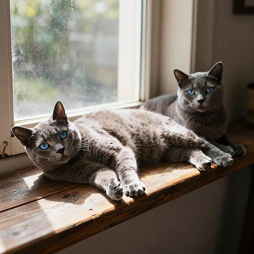 Photograph of two gray, blue-eyed cats with short fur lounging on a sunlit wooden window sill, gazing outside.