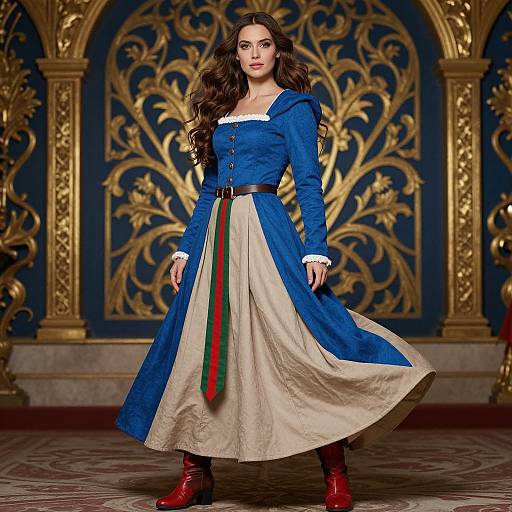 Photograph of a brunette woman in a blue and beige medieval-style dress with a green and red ribbon, red boots, standing in an ornate gold
