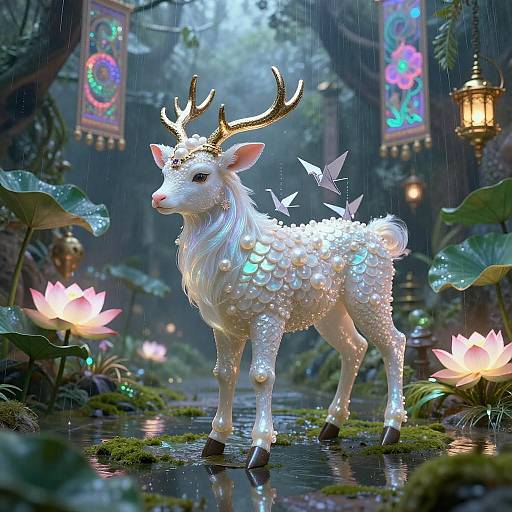 Mythical Qilin Calf in Enchanted Botanical Grotto