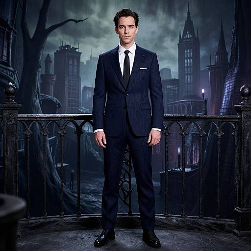 Photograph of a serious, dark-haired man in a black pinstripe suit, white shirt, and black tie, standing on a gothic balcony