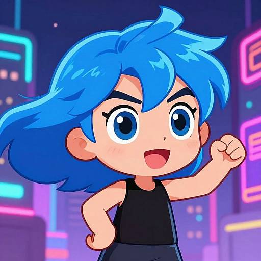 Chibi-style digital drawing of a blue-haired anime girl with large eyes, black sleeveless top, and neon cityscape background, confidently raising her fist