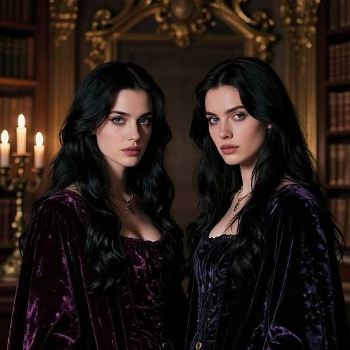 Photograph of two identical women with long black hair, pale skin, and intense blue eyes, wearing dark purple velvet dresses, standing in a dimly