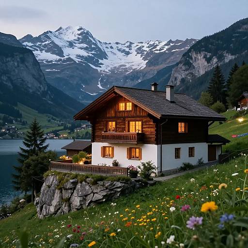 Photograph of a wooden chalet with warm lights, perched on a rocky cliff, surrounded by colorful flowers and mountainous Alps at dusk.