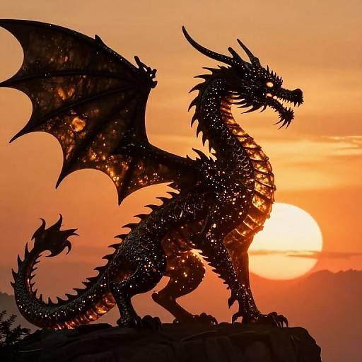 Silhouetted dragon with glowing scales stands on rocky ledge at sunset, orange sky, glowing sun, and dark wings. Photographic image.
