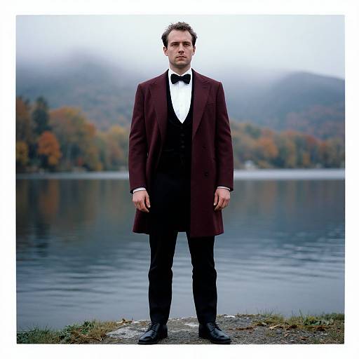 Photograph of a serious man in a dark brown overcoat, black tuxedo, and bow tie, standing by a calm lake with autumn-colored
