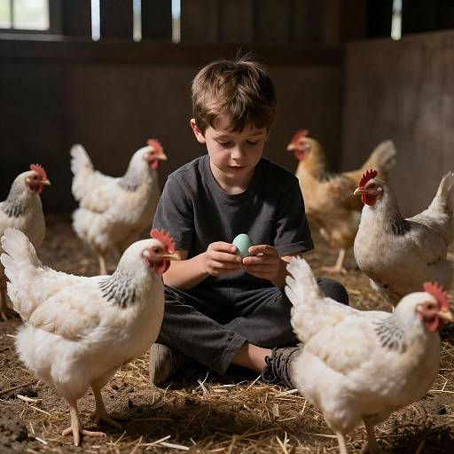 Boy with Chickens in a Barn