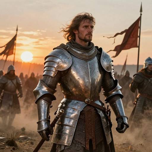 Photorealistic digital artwork of a bearded man in shiny medieval armor, standing confidently in a dusty battlefield at sunset, with flags and soldiers in the