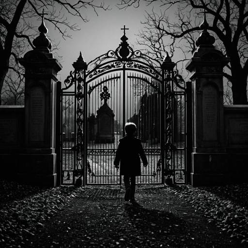 Boy Walking Through Ornate Cemetery Gate at Night