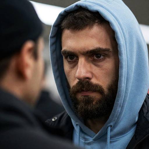Intense Gaze: Bearded Man in Hood