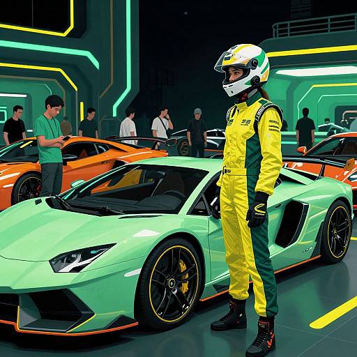 Photograph of a race car driver in a yellow and green racing suit, standing beside a white and orange Lamborghini, in a brightly lit, futuristic