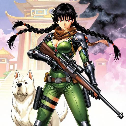 Anime-style digital drawing of a fierce, black-haired woman with twin braids, green tactical outfit, and armor, holding a sniper rifle, with a