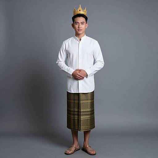 Photograph of a young Asian man with short black hair, wearing a white long-sleeve shirt, gold-patterned kain, brown sandals,