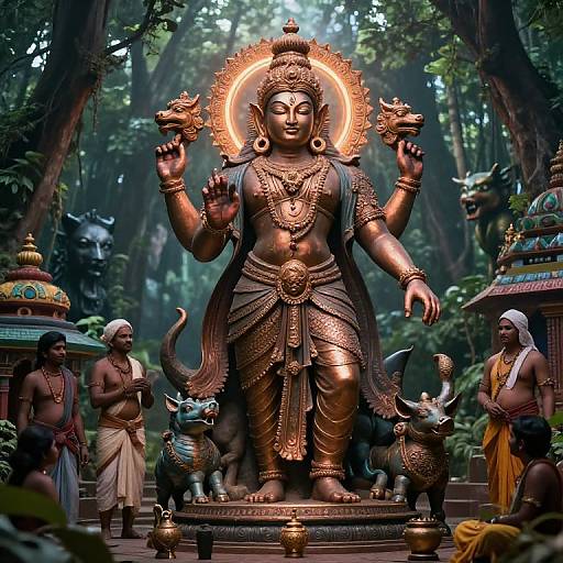 Photorealistic digital art of a golden Hindu deity statue with four arms, lion and bull motifs, surrounded by devotees in a lush forest temple setting