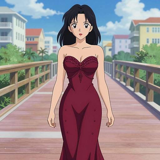 Anime-style digital drawing of a surprised woman with black hair in a strapless, maroon, form-fitting gown, walking on a wooden bridge with