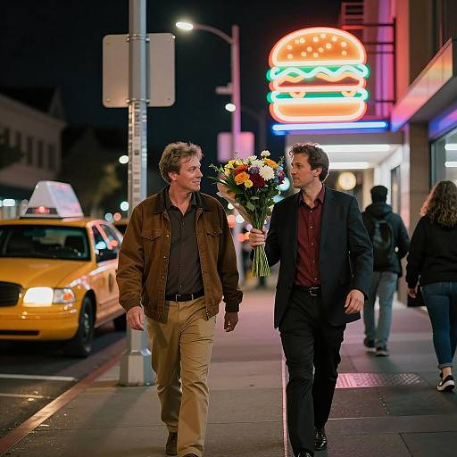 Vibrant Nighttime Streetscape with Men