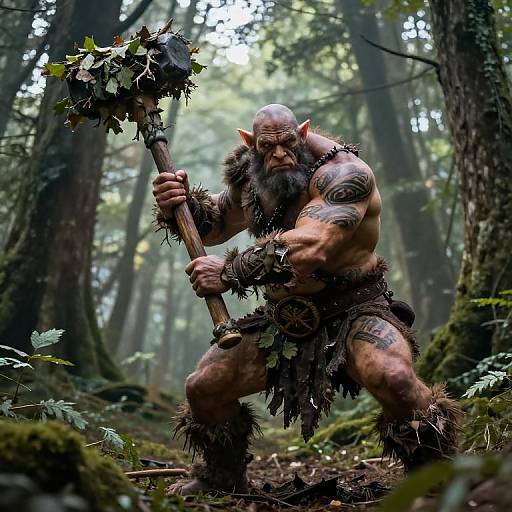 Photorealistic CGI of a muscular, bald orc warrior with large red ears, holding a spiked wooden staff in a dense, misty forest. He