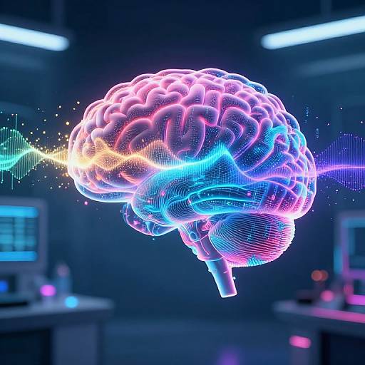 Neon-lit, digital CGI of a glowing, colorful brain with vibrant blue, pink, and purple hues, set against a futuristic lab background.