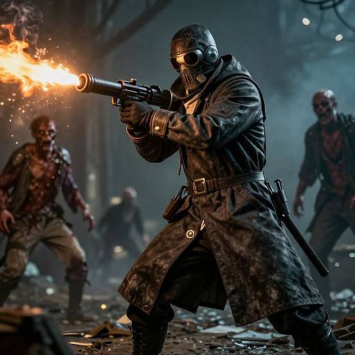 Photorealistic digital art: Masked gunman in black trench coat fires flaming gun, three bloodied, masked attackers in foggy, ruined forest.