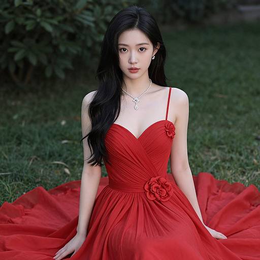 Realistic Woman in Red Dinner Gown