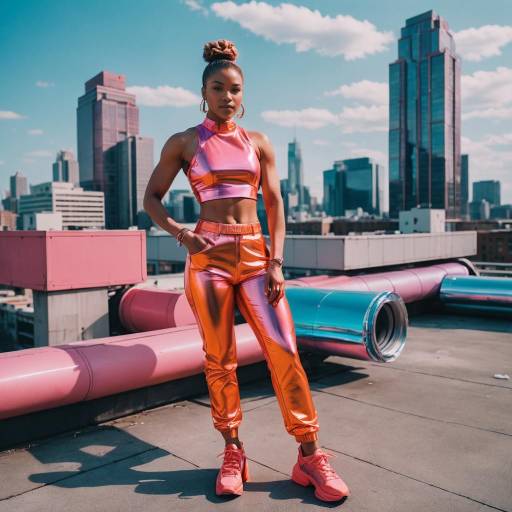 Muscular Woman in Futuristic Metallic Outfit on Rooftop