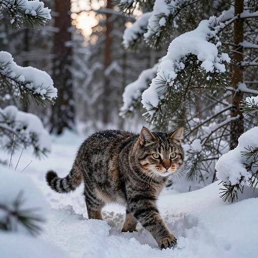 Photograph of a striped tabby cat with green eyes walking through a snowy forest, surrounded by snow-covered pine trees.