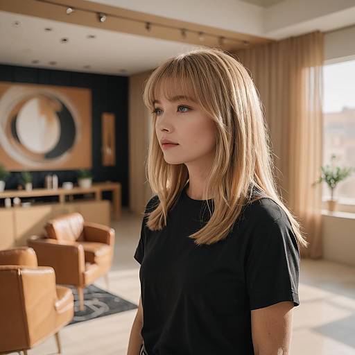 Blonde Woman in Black T-Shirt Indoors