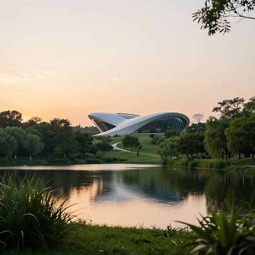 Photograph of a modern, white, wave-like building with glass sections, reflecting in a calm lake at sunset, surrounded by lush greenery.