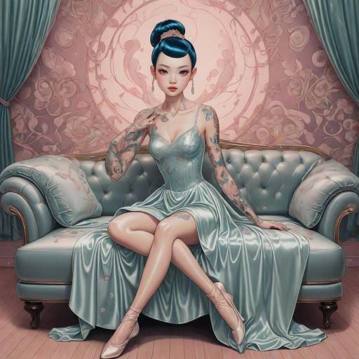 Tattooed Ballerina Sitting on Shiny Teal Couch
