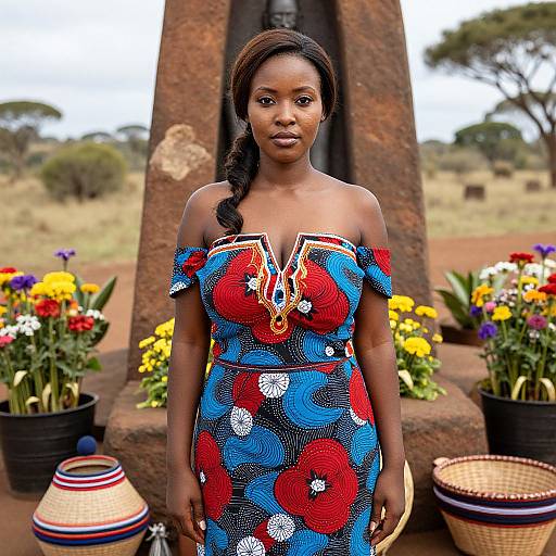 Photograph of a Black woman in a colorful off-shoulder dress with red and blue floral pattern, standing in front of a stone structure, surrounded