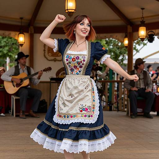 Photograph of a smiling redheaded woman dancing in a detailed Bavarian-style blue dress with white lace and colorful embroidery, in a rustic, wooden-p