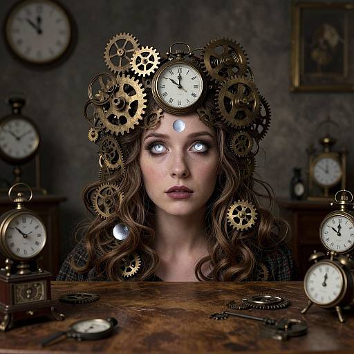 Photograph-style digital art: Pale-skinned woman with wavy brown hair, blue glowing eyes, and a clock gear headpiece, surrounded by antique