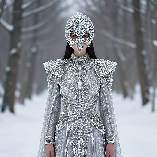 Photograph of a woman in an intricate silver, bejeweled mask and dress, standing in a snowy forest, with blurred trees in the background
