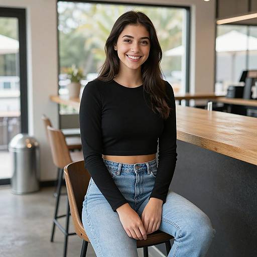 Photograph of a smiling young woman with long dark hair, wearing a black long-sleeve crop top and light blue high-waisted jeans,