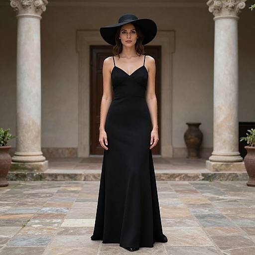 Photograph of a slender woman with fair skin and dark hair, wearing a black, floor-length dress and wide-brimmed hat, standing in an