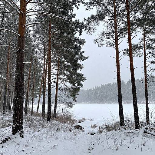 Photograph of a snowy forest with tall, slender pine trees, snow-covered ground, and a white, overcast sky in the background.