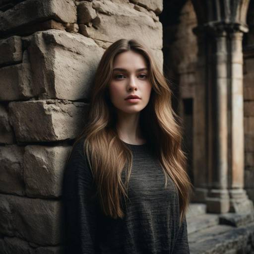 Young Woman Leaning on Stone Wall