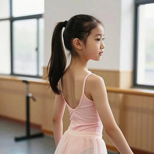 Photograph of a young Asian girl with long black ponytail wearing a pink leotard in a brightly lit dance studio.
