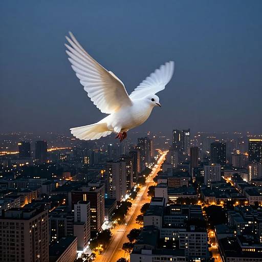 Photograph of a glowing white dove in mid-flight over a city at dusk, illuminated streets and skyscrapers in the background.