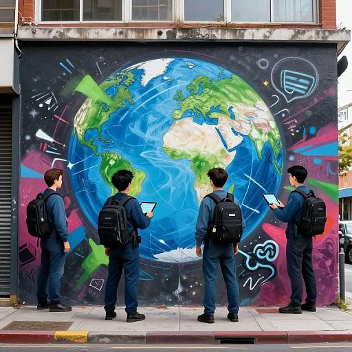 Photograph of four men in navy uniforms with backpacks, standing in front of a vibrant graffiti mural of Earth on a city wall.