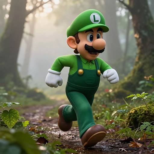 Photorealistic CGI of Mario, in green overalls and hat, running through a misty forest path with sunlight filtering through trees.